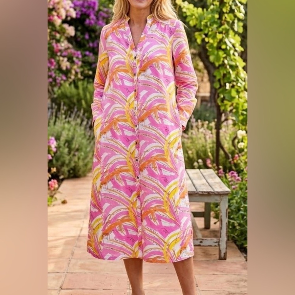 Anthropologie Vera Bradley beachy print a-line dress buttons roll tab sleeve M